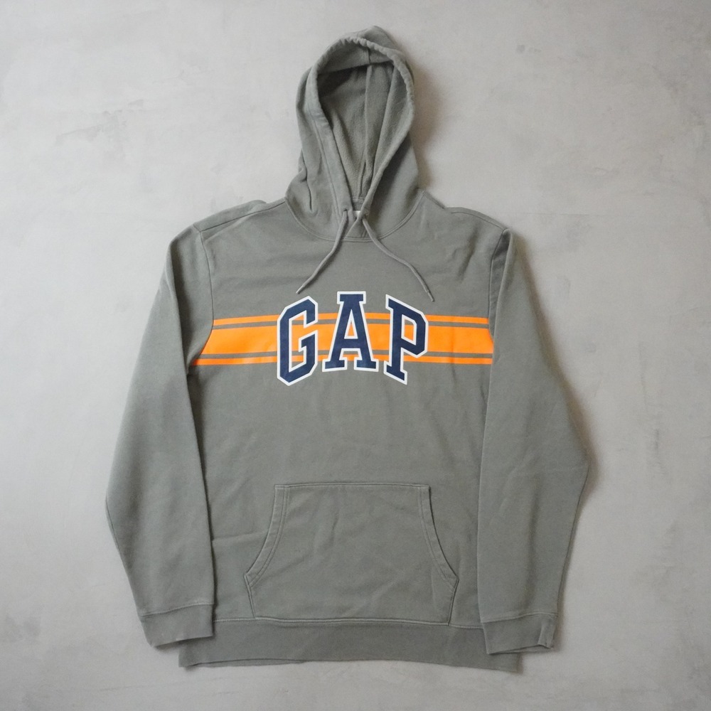 Gap Logo Hoodie Large Mens Gray Orange Stripe Fleece Pullover Sweatshirt Y2K